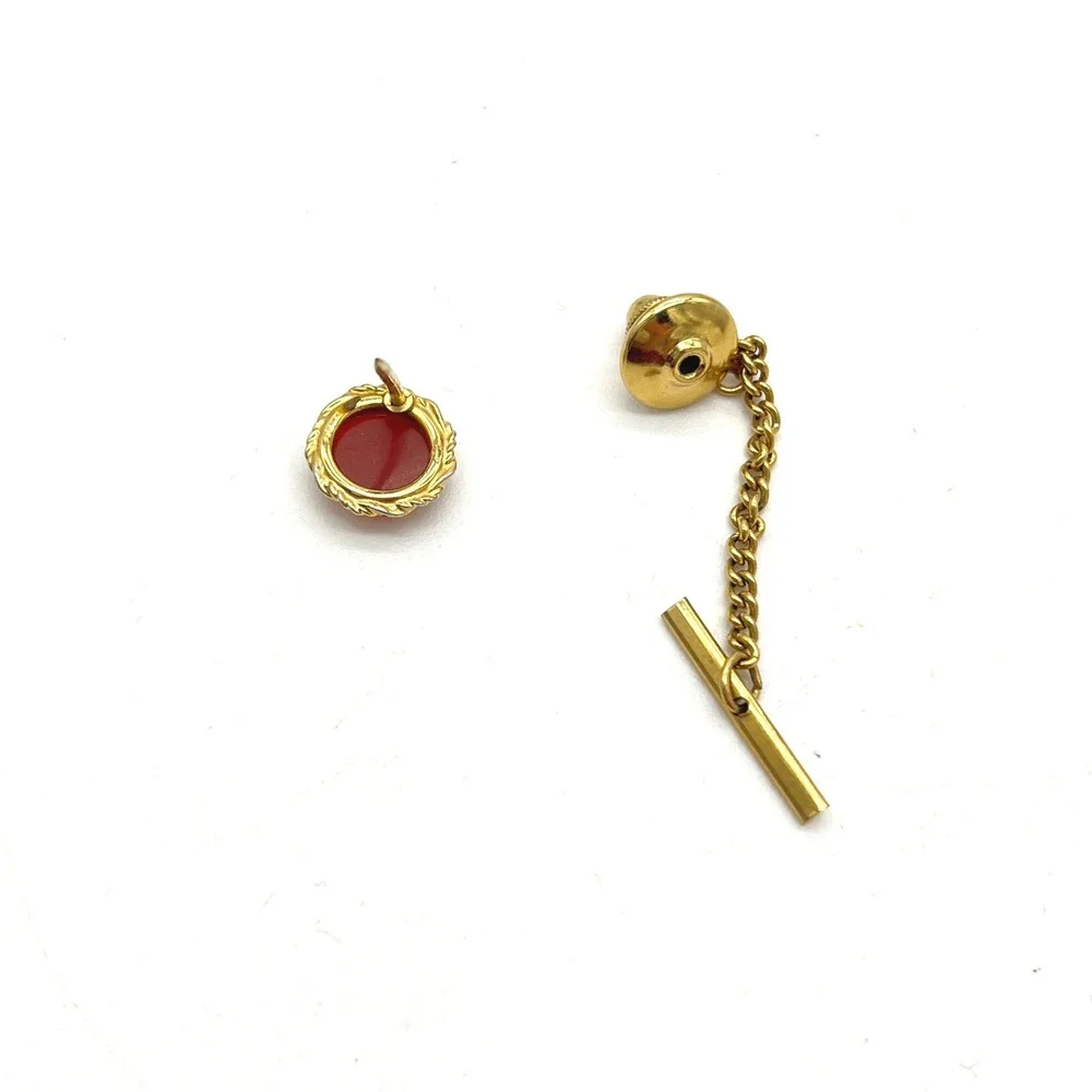 Vintage Gold Tone Red Intaglio Spartan‎ Tie Tack with Chain and T-Bar Accessory